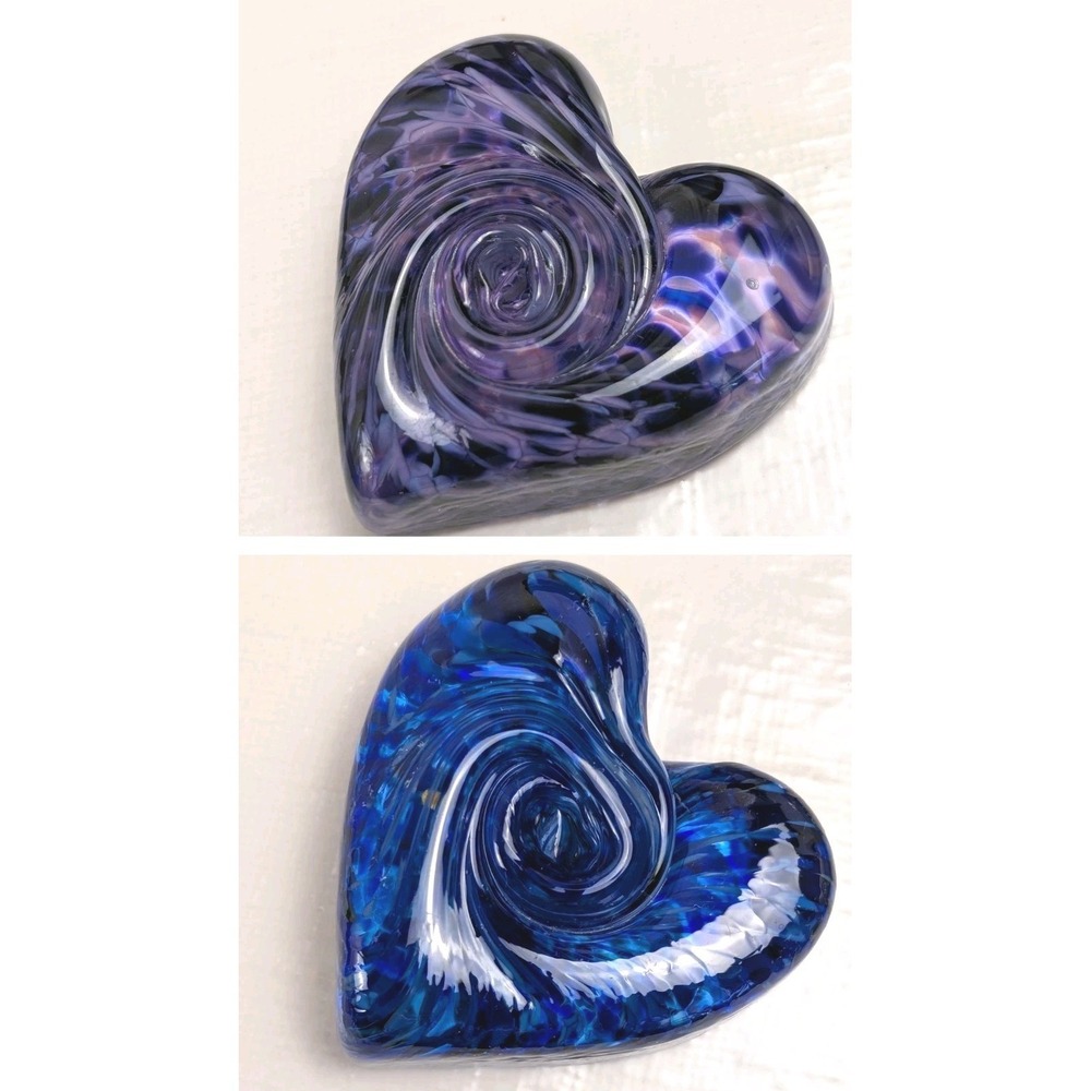 Set 2 Hand Blown Art Glass Heart Paperweights Blue Purple Swirl Vortex